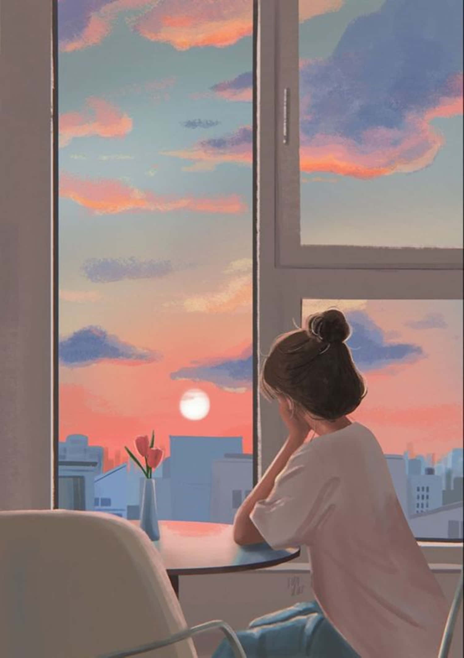 Mwonekano wa Mwanamke Anime Wenye Sifa ya Sama ya Sunset Picha ya Ukuta