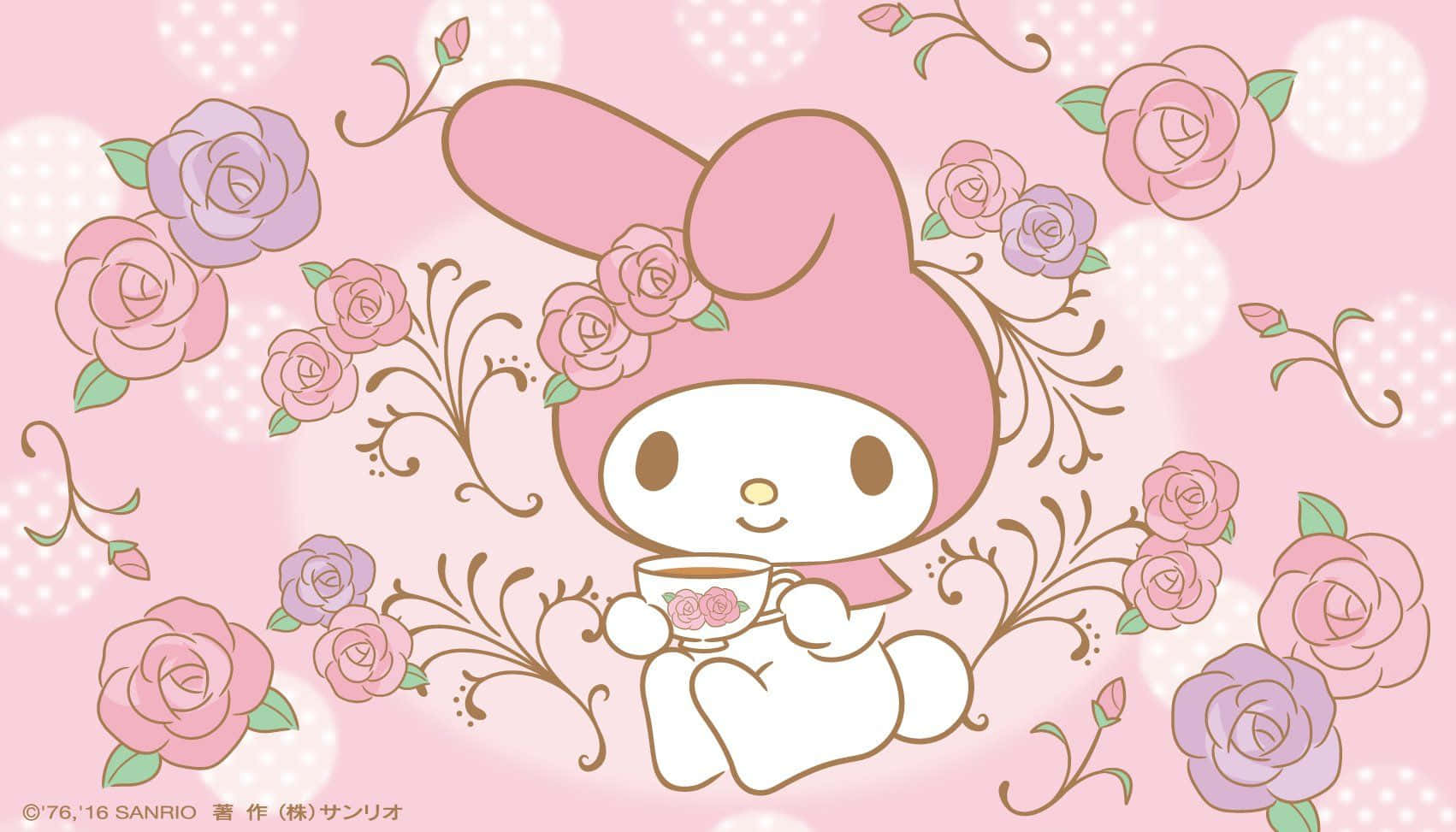 My Melody Kompyuta Meza Pink na Maua ya Purple Picha ya Ukuta