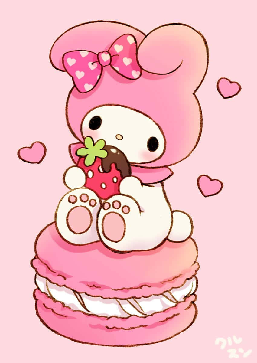 My Melody Mzuri Akila Stroberi Juu ya Macaron Picha ya Ukuta