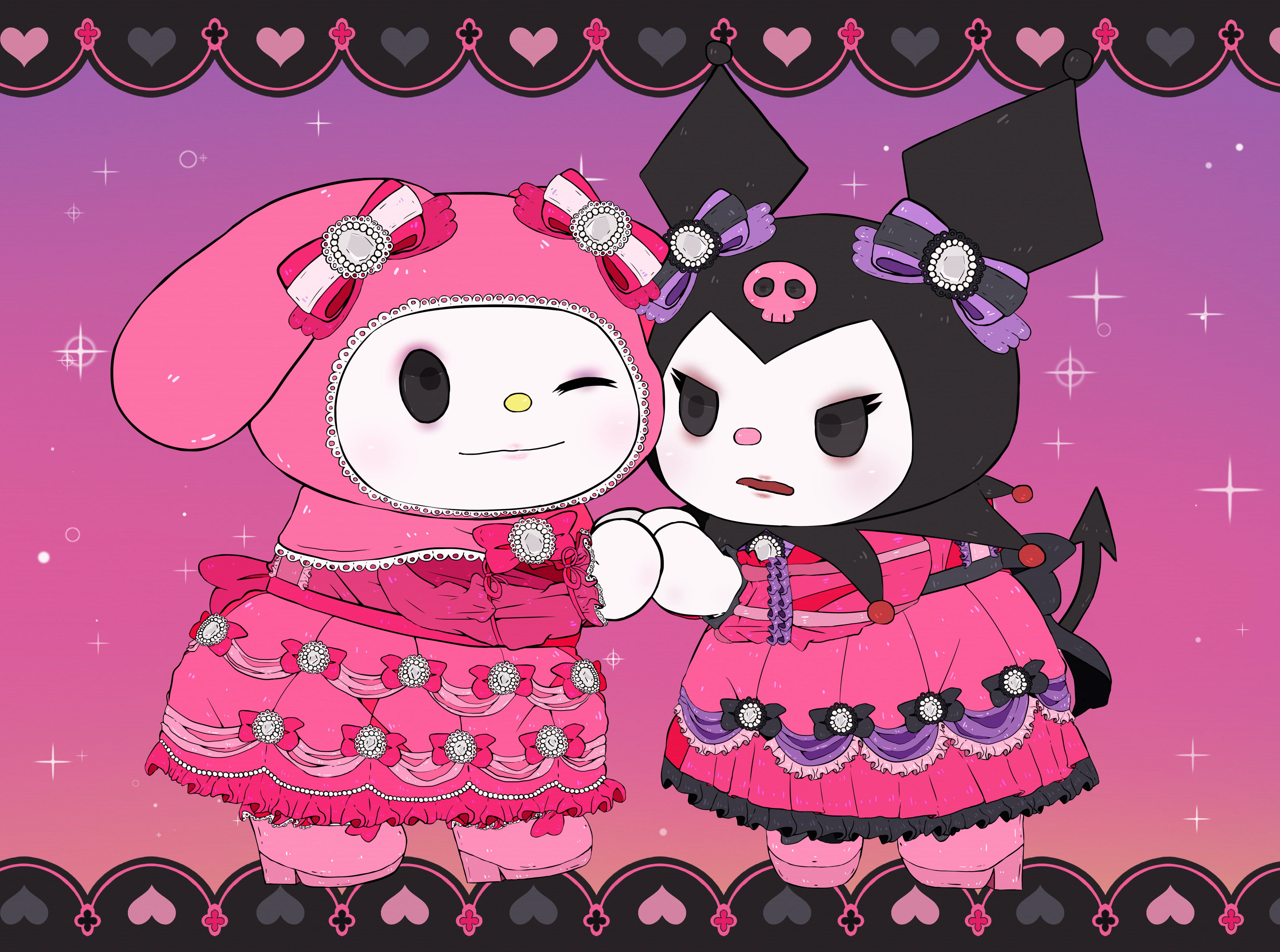 My Melody na Kuromi Wapendwa Katika Magauni ya Pinki Picha ya Ukuta