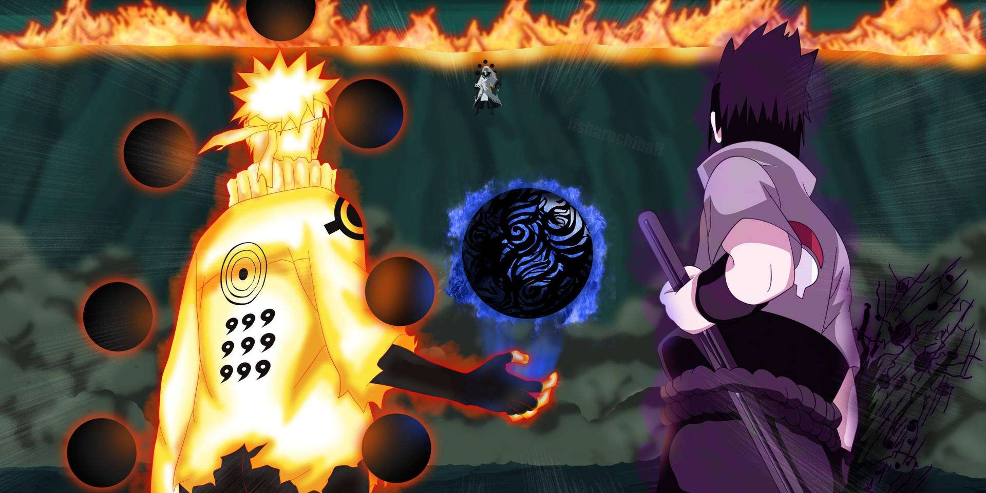 Naruto akimkabili Uchiha Madara katika moja ya vita maarufu zaidi katika Naruto Shippuden Picha ya Ukuta