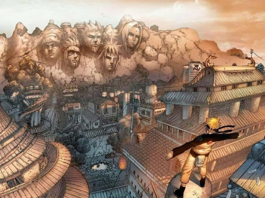 Naruto Katika Kijiji cha Konoha na Mwamba wa Hokage Picha ya Ukuta