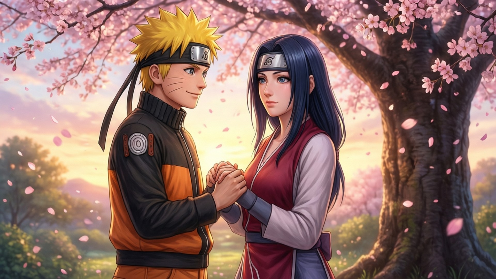 Naruto na Hinata Chini ya Sakura Picha ya Ukuta