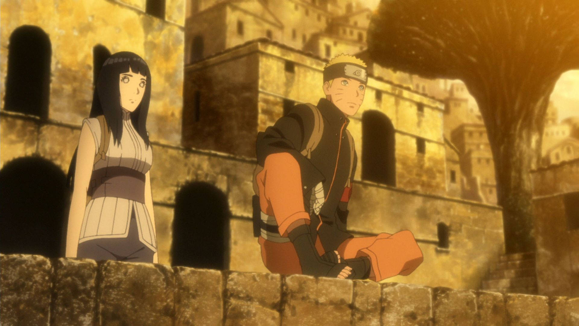 Naruto na Hinata Juu ya Muundo wa Mawe Picha ya Ukuta