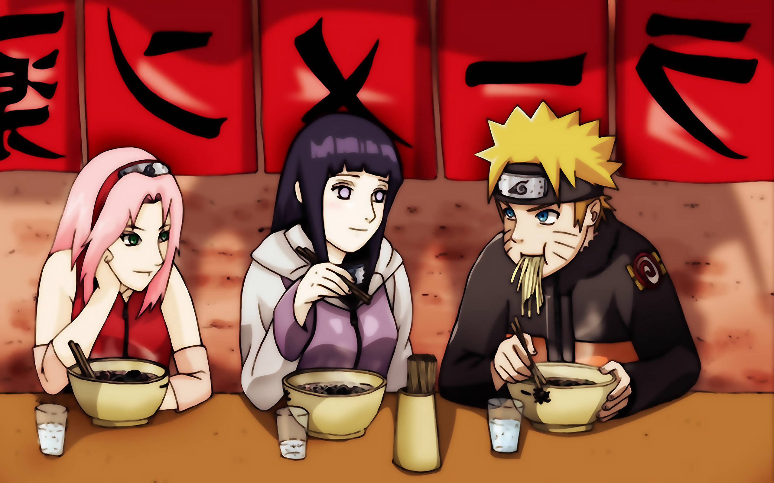 Naruto na Hinata Wakiwa na Sakura Wanakula Ramen Picha ya Ukuta