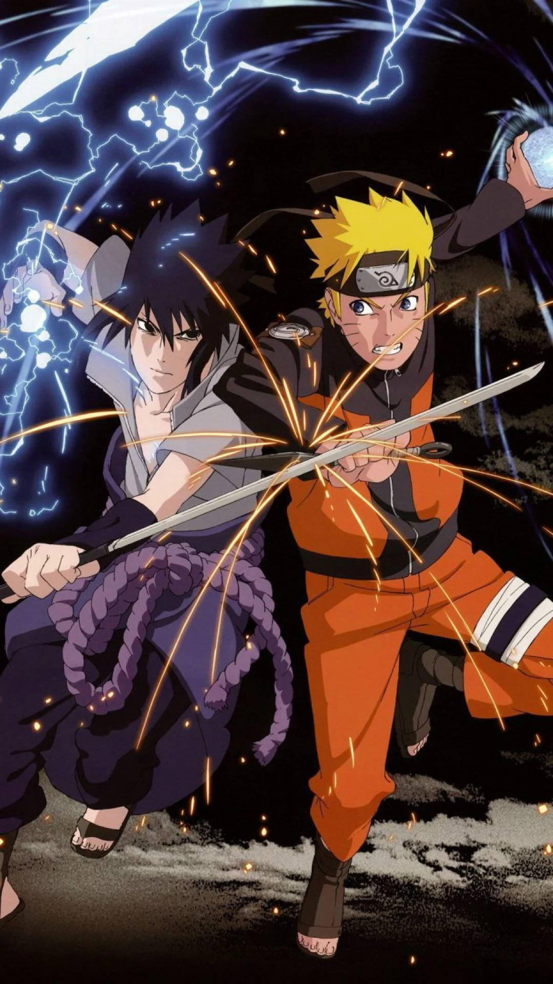 Naruto na Sasuke Wakipambana Kando Kando Picha ya Ukuta