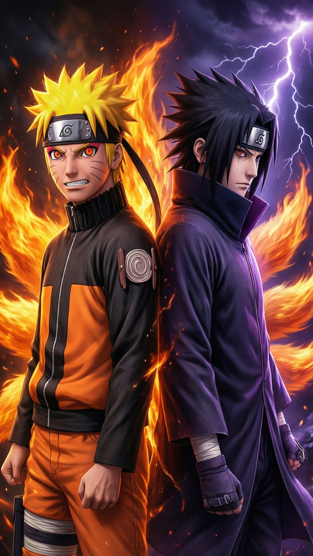 Naruto na Sasuke Wakiwa Mgongo kwa Mgongo Picha ya Ukuta