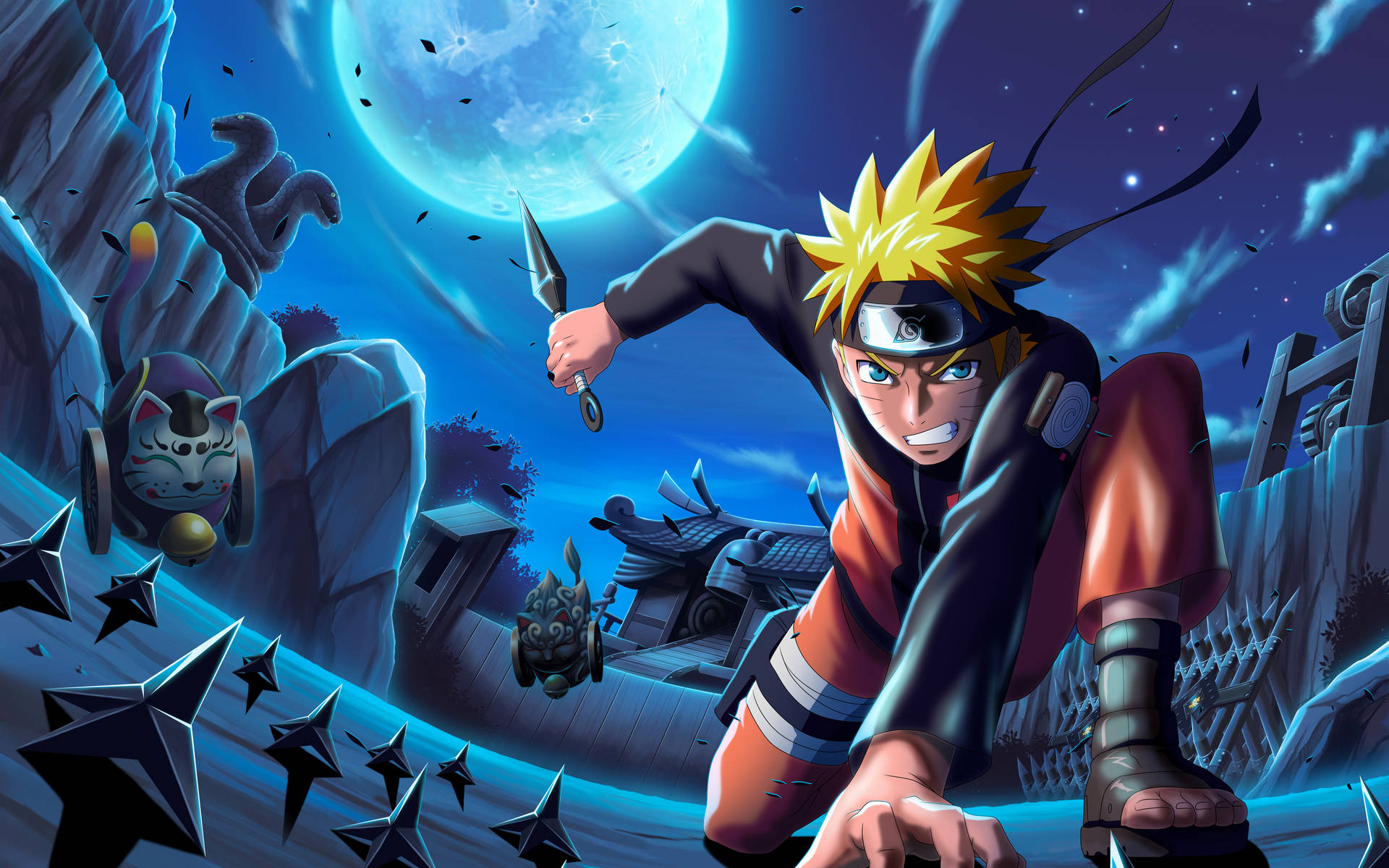 Naruto Uzumaki Chini ya Mwezi wa Konoha Picha ya Ukuta