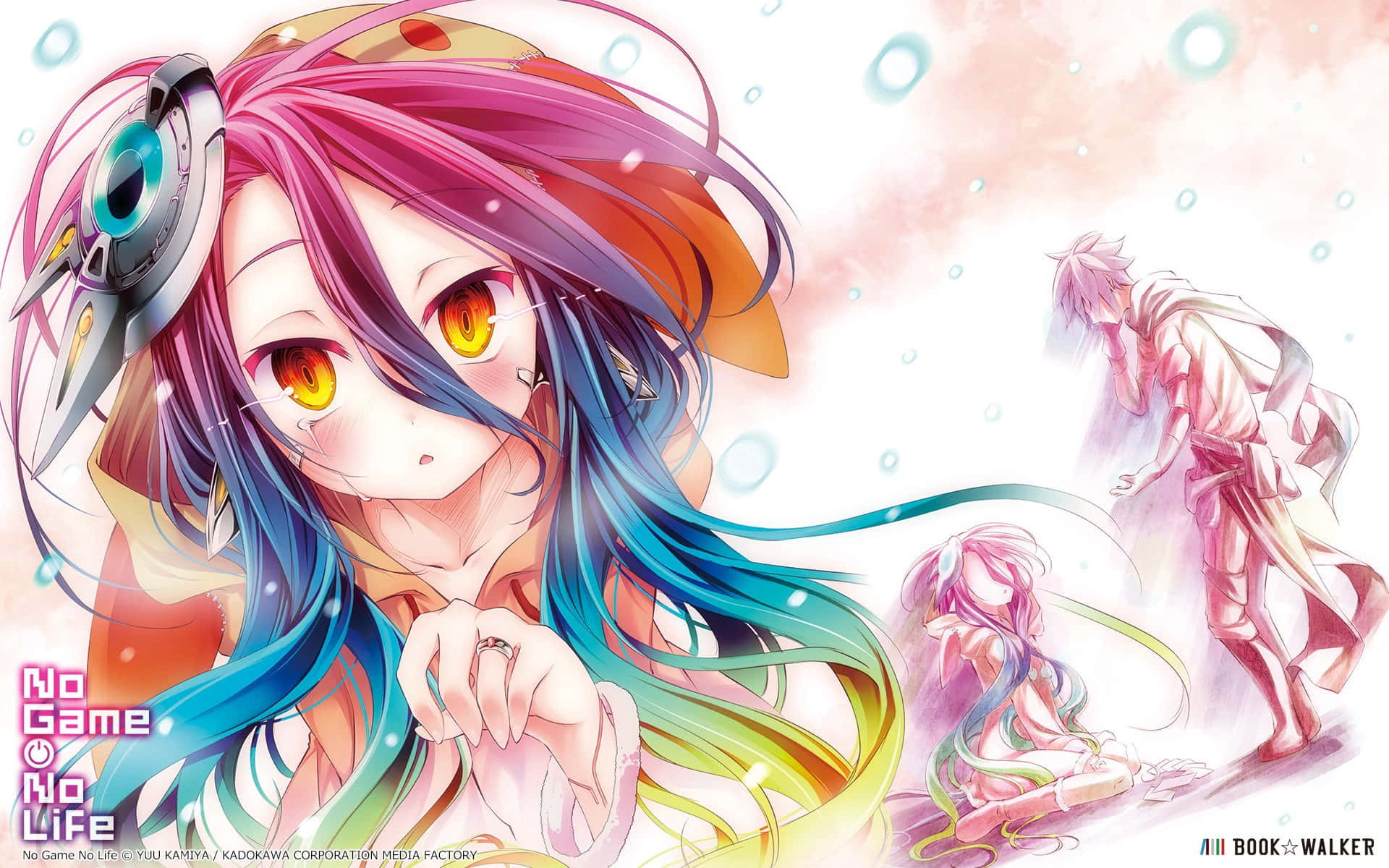 Ndugu na dada Sora na Shiro wanakabiliana na mchezo wowote unaowakabili katika mfululizo wa anime wa ajabu No Game No Life. Picha ya Ukuta