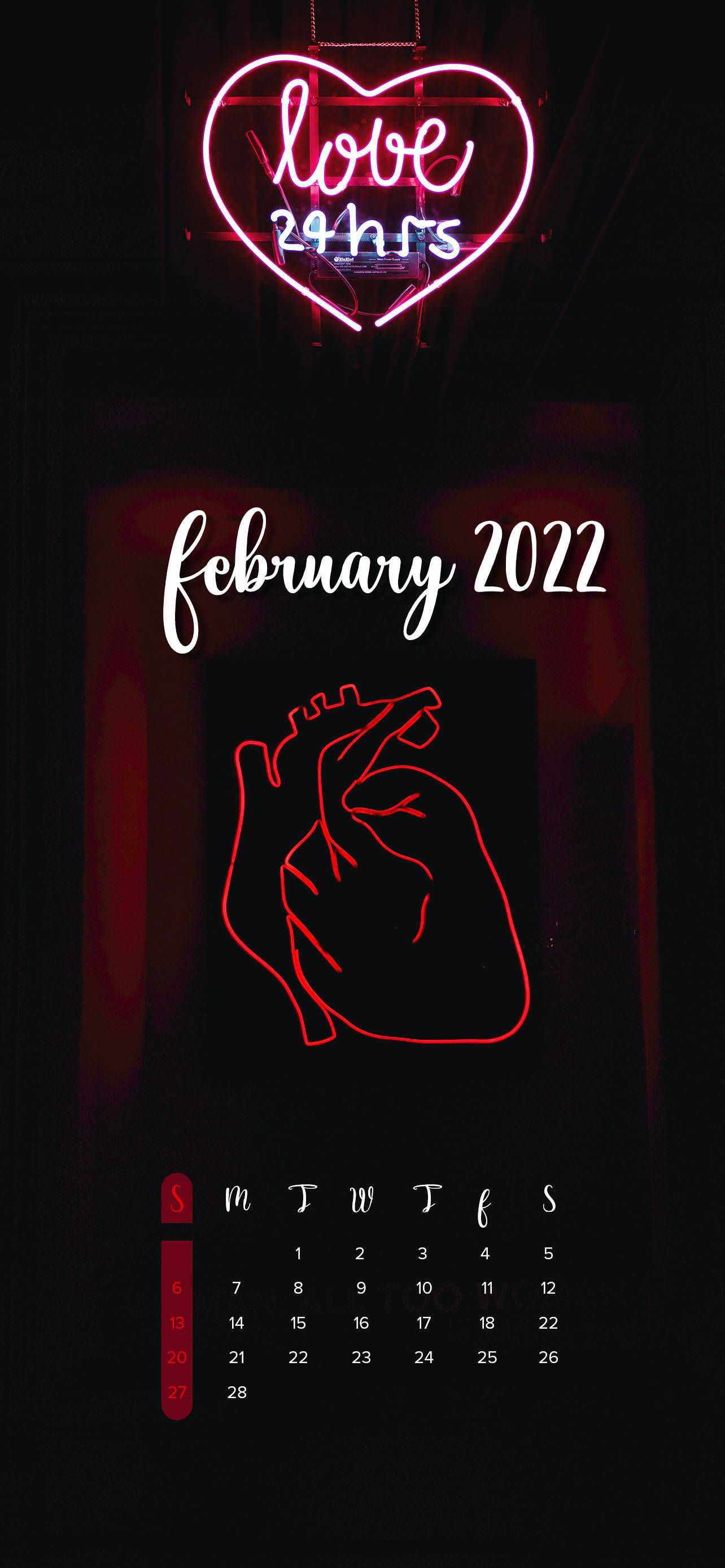 Neon Heart February 2022 Calendar Picha ya Ukuta