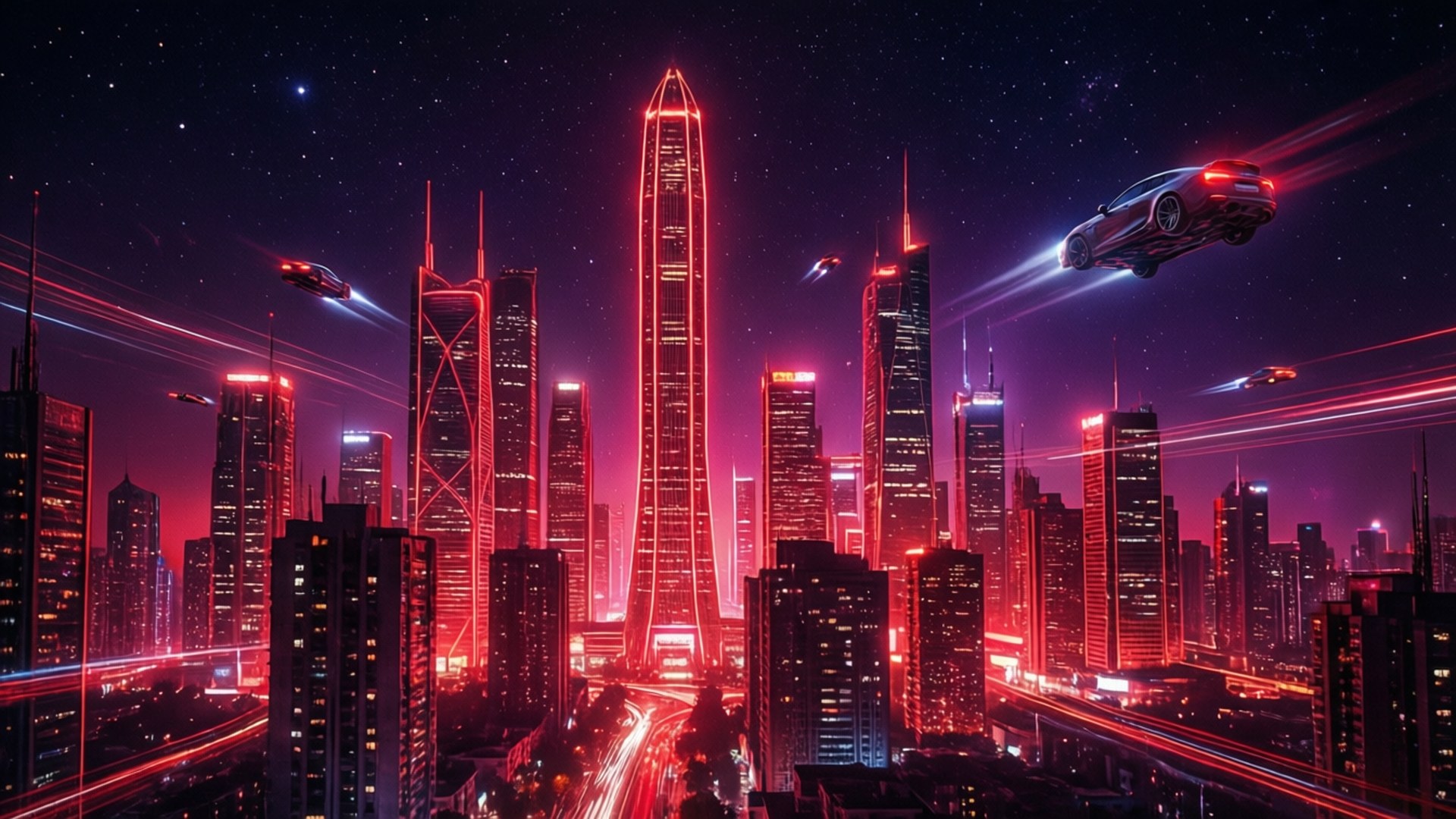 Neon Nyekundu Mwanga wa Mji wa Cyberpunk Picha ya Ukuta