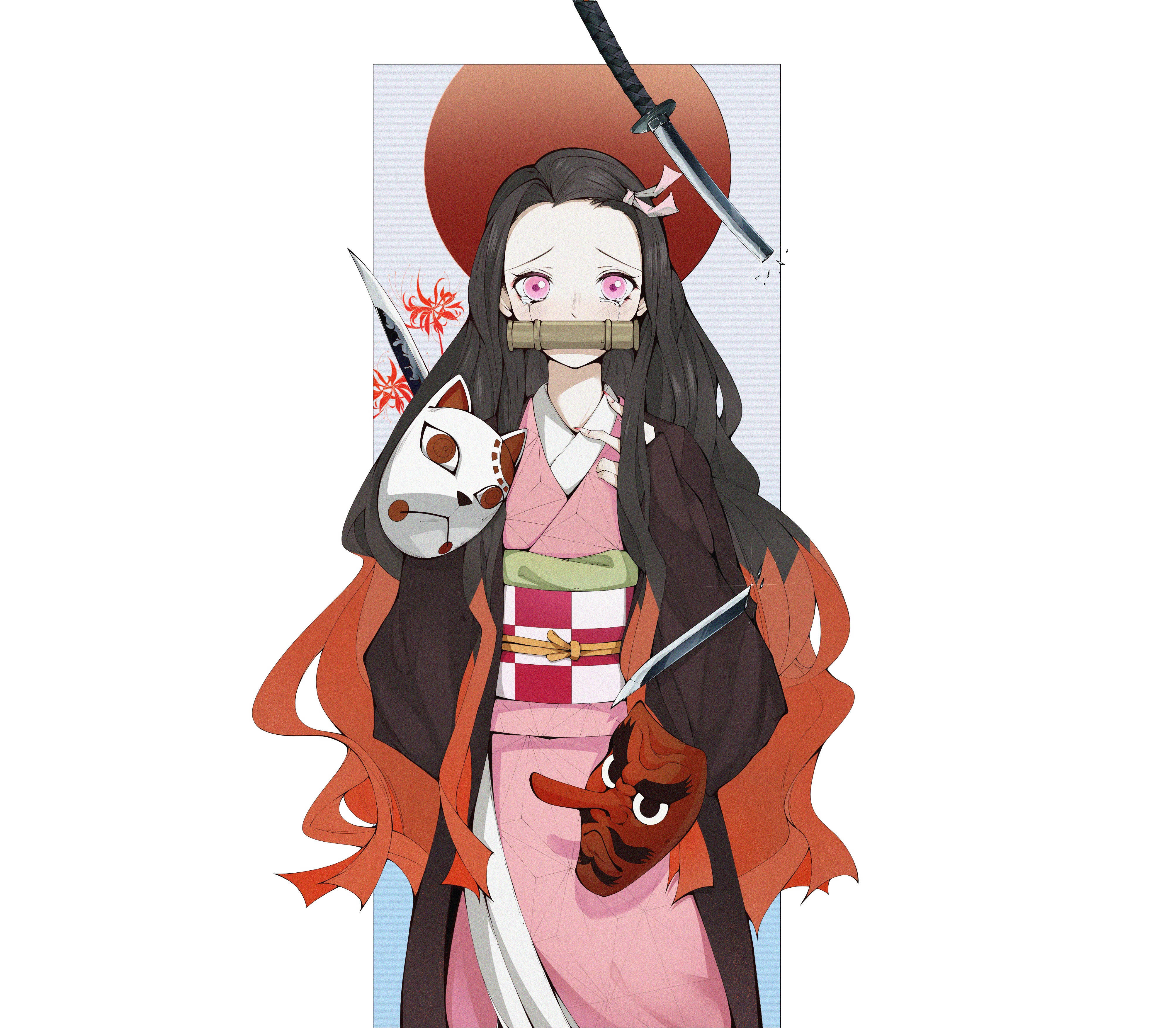 Nezuko Akiwa na Vinyago 4K Kutoka Demon Slayer Picha ya Ukuta