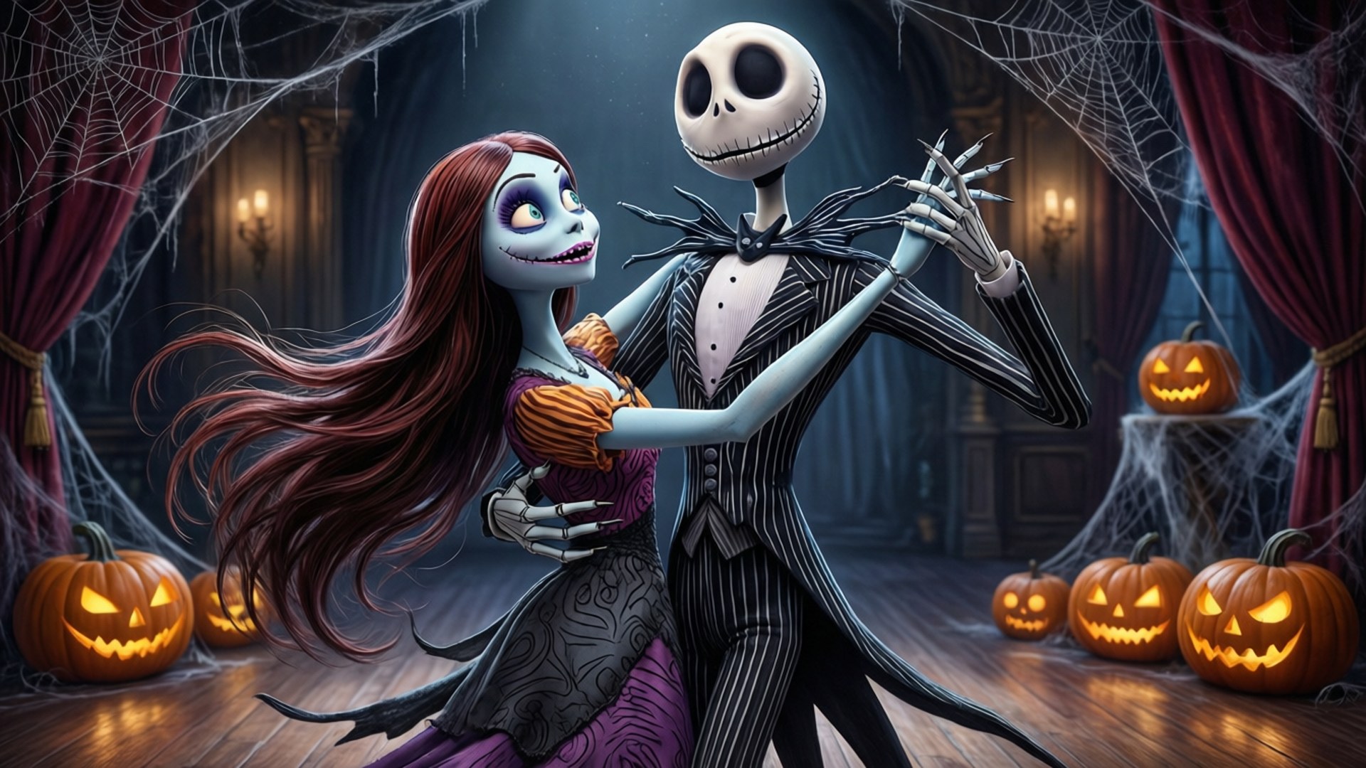 Ngoma ya Jack na Sally kwenye Ukumbi wa Halloween Picha ya Ukuta