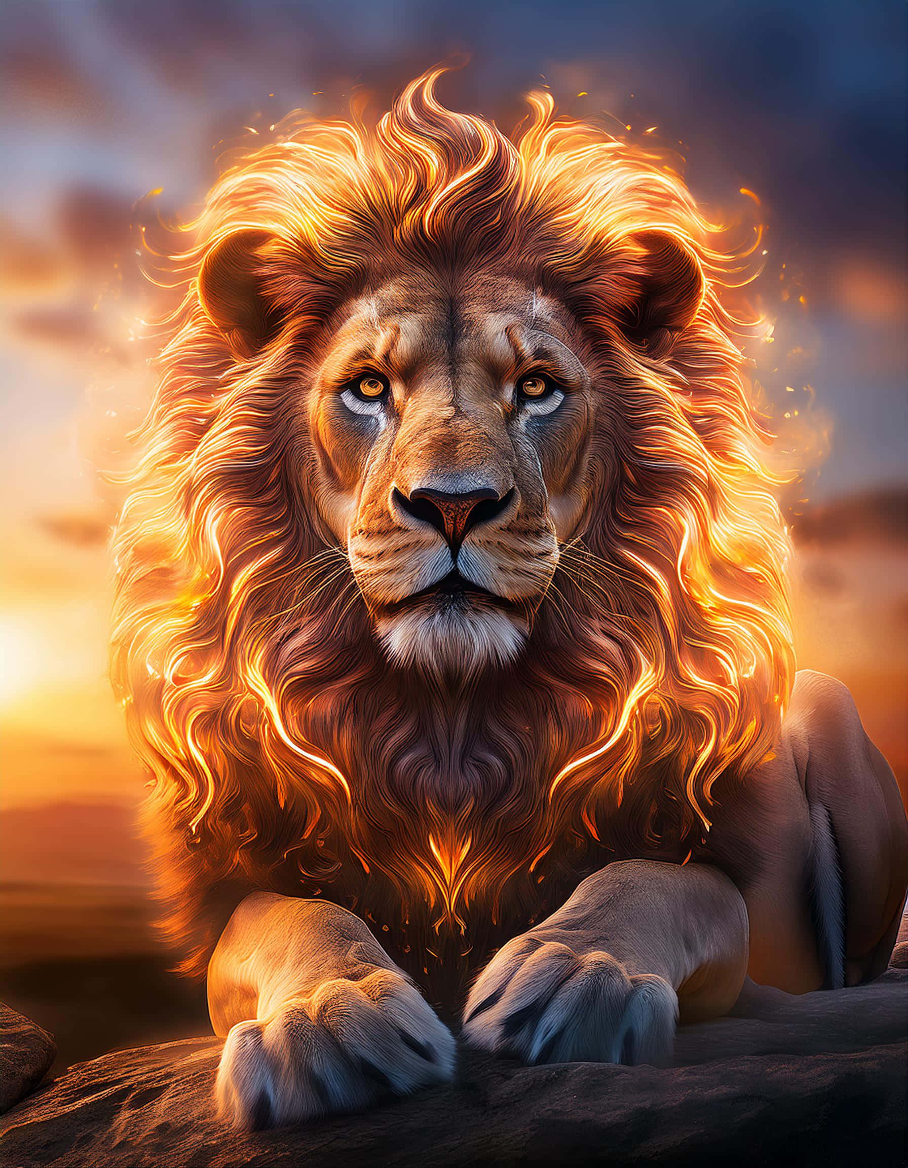 Nguvu ya Simba Mwenye Rangi ya Moto Picha ya Ukuta
