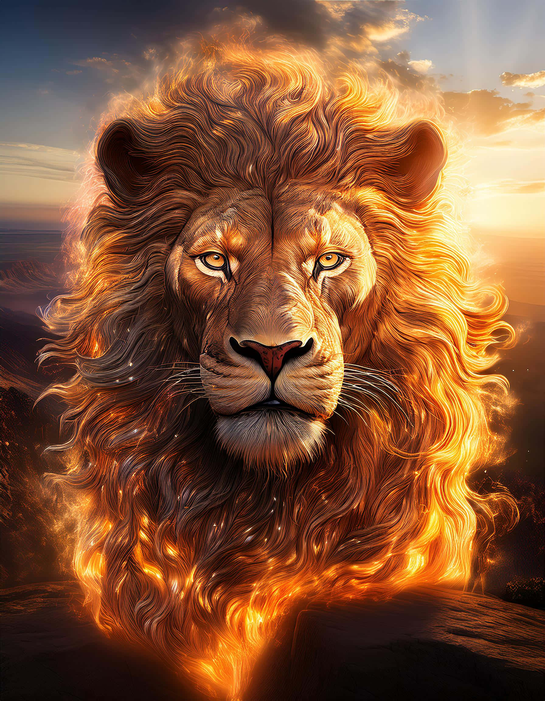 Nguvu ya Simba Mwenye Manyoya ya Moto Picha ya Ukuta