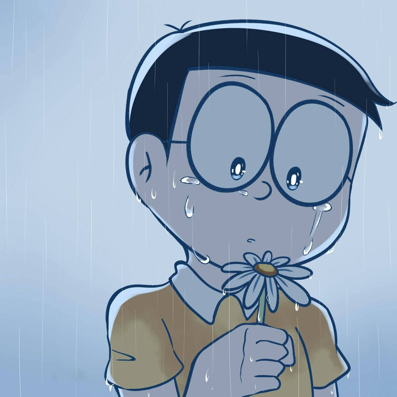 Nobita Mwenye Huzuni Akiwa na Maua Doraemon Picha ya Ukuta