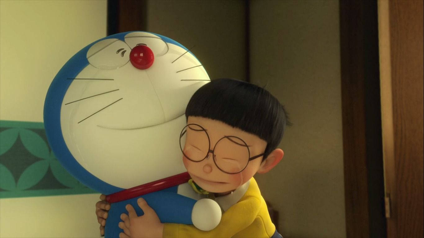 Nobita Mwenye Huzuni Akimkumbatia Doraemon Picha ya Ukuta