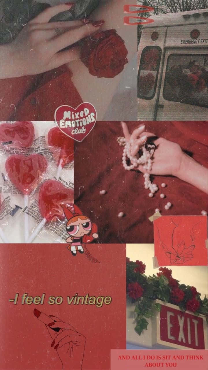 Nyekundu Photo Collage Aesthetic Tumblr Roses Pearls Picha ya Ukuta