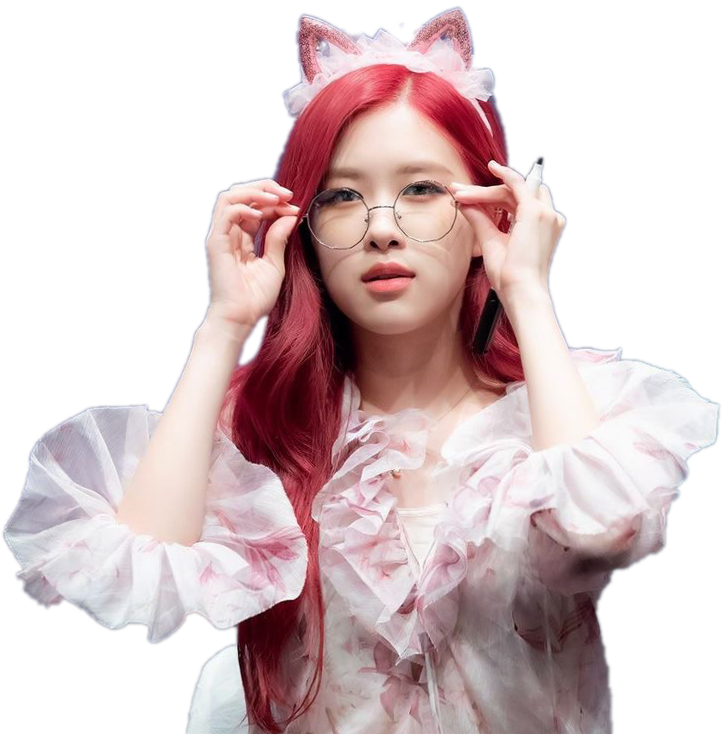 Nyota wa Kpop Mwenye Nywele Nyekundu na Masikio ya Paka na Miwani Picha ya Ukuta