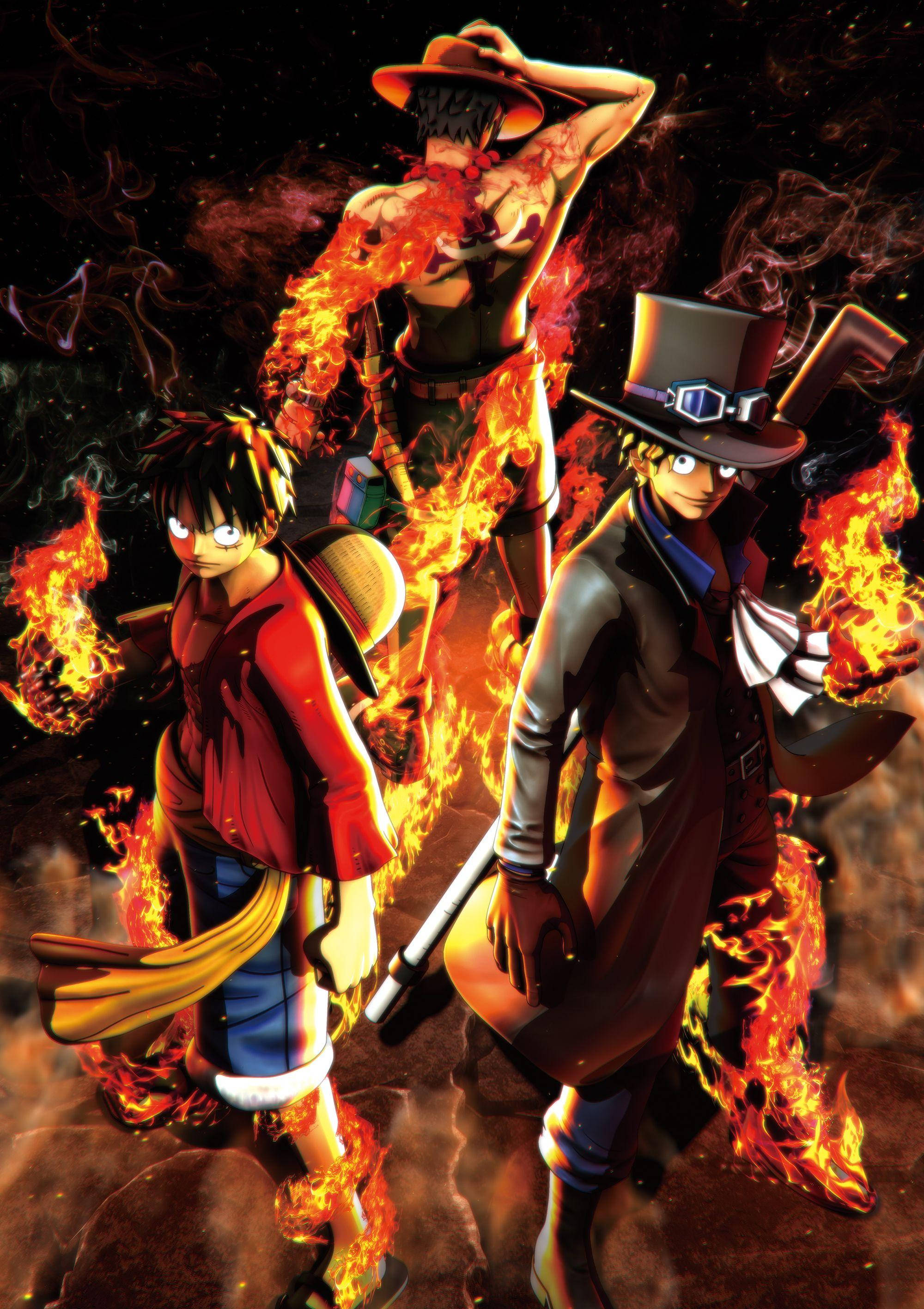 One Piece Live Luffy Akiwa na Ace na Sabo Picha ya Ukuta