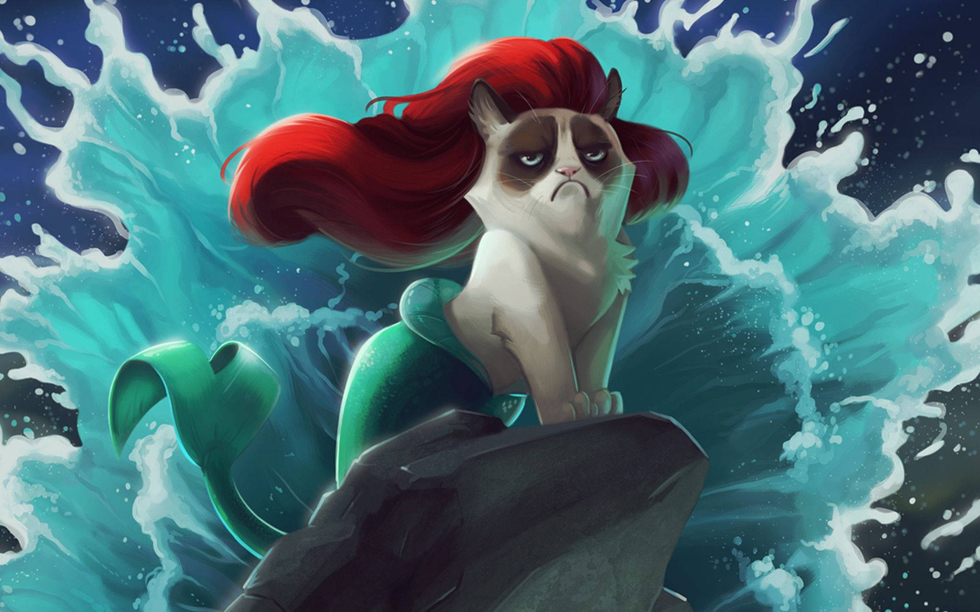 Paka Mermaid Anayevuta Huku Akiogelea Katika Maji ya Buluu Picha ya Ukuta