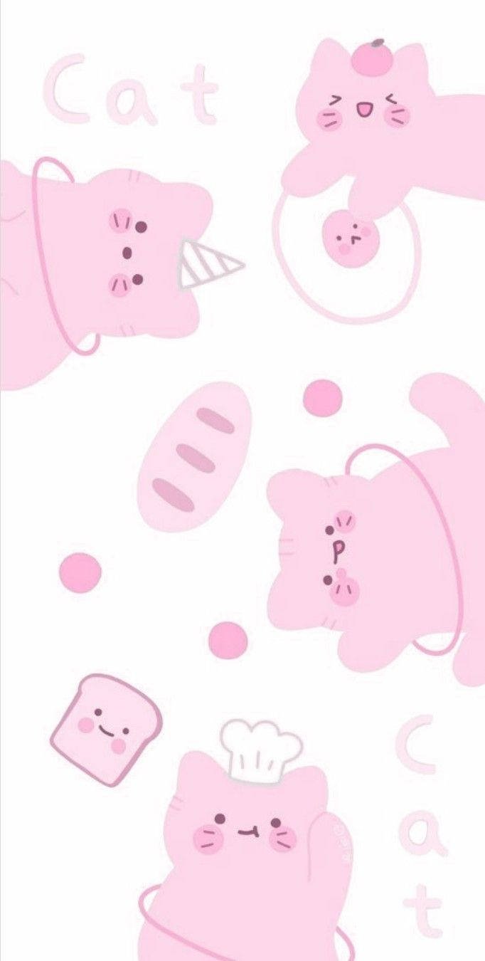 Paka Mwenye Furaha wa Pinki wa Kawaii Picha ya Ukuta