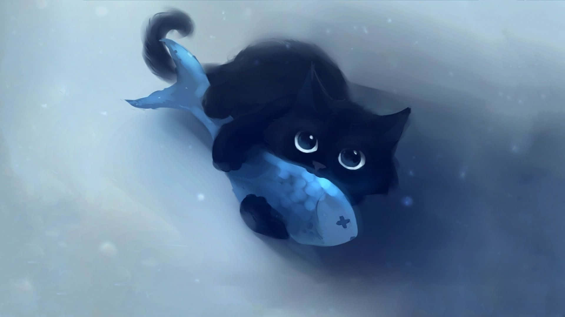 Paka wa Anime Mrembo Akikumbatia Samaki Picha ya Ukuta