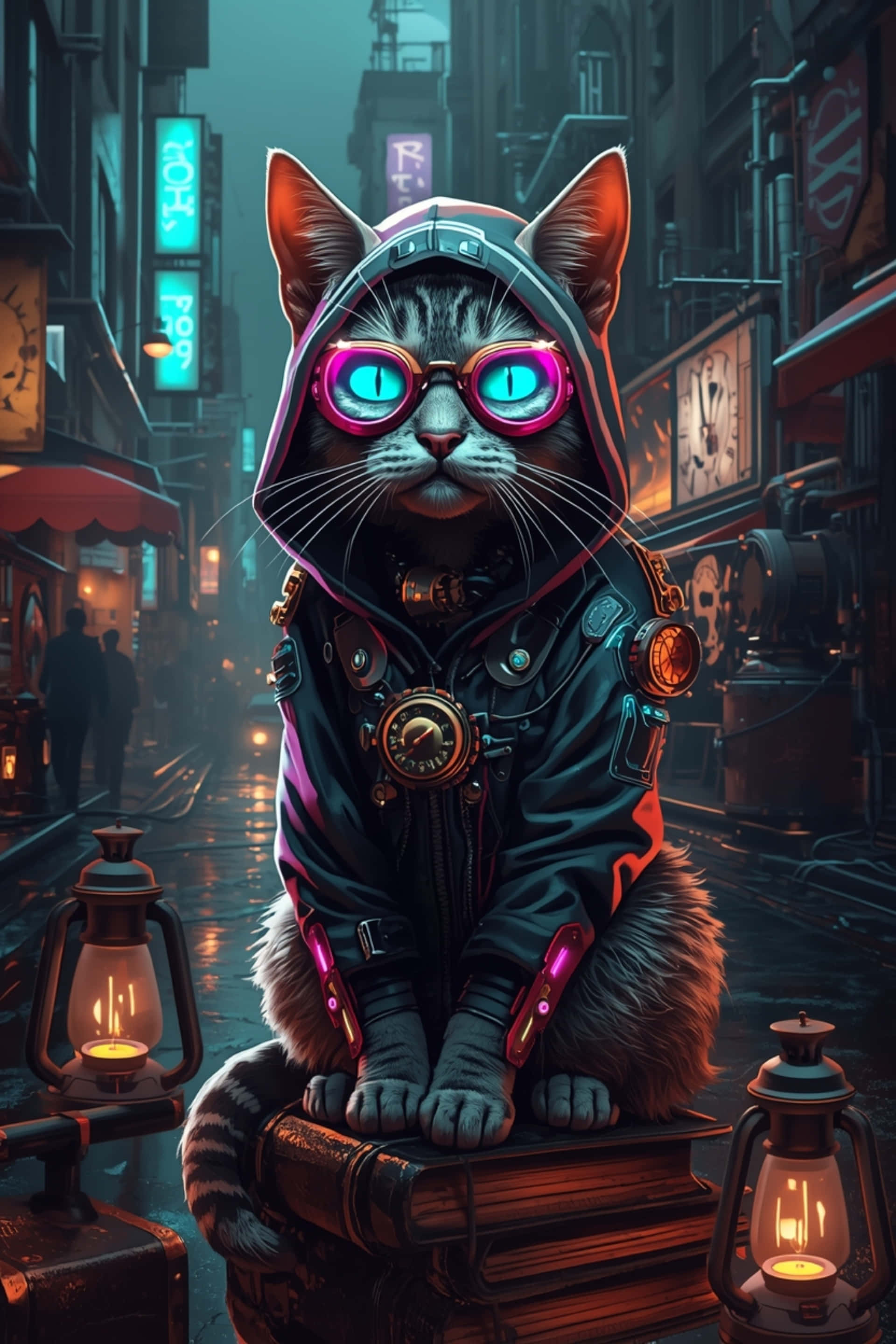Paka wa Cyberpunk SteampunkMiwani ya Neon na Hoodie Teknolojia Mandhari Picha ya Ukuta
