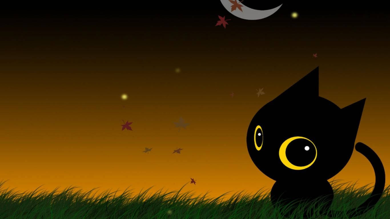 Paka wa Kawaii wa Halloween Kwenye Nyasi Picha ya Ukuta