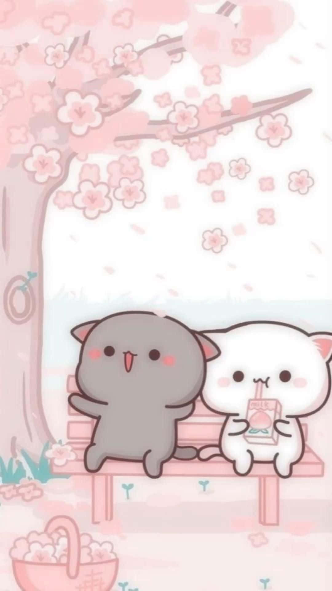 Paka Wazuri wa Kawaii Peach na Goma Picha ya Ukuta