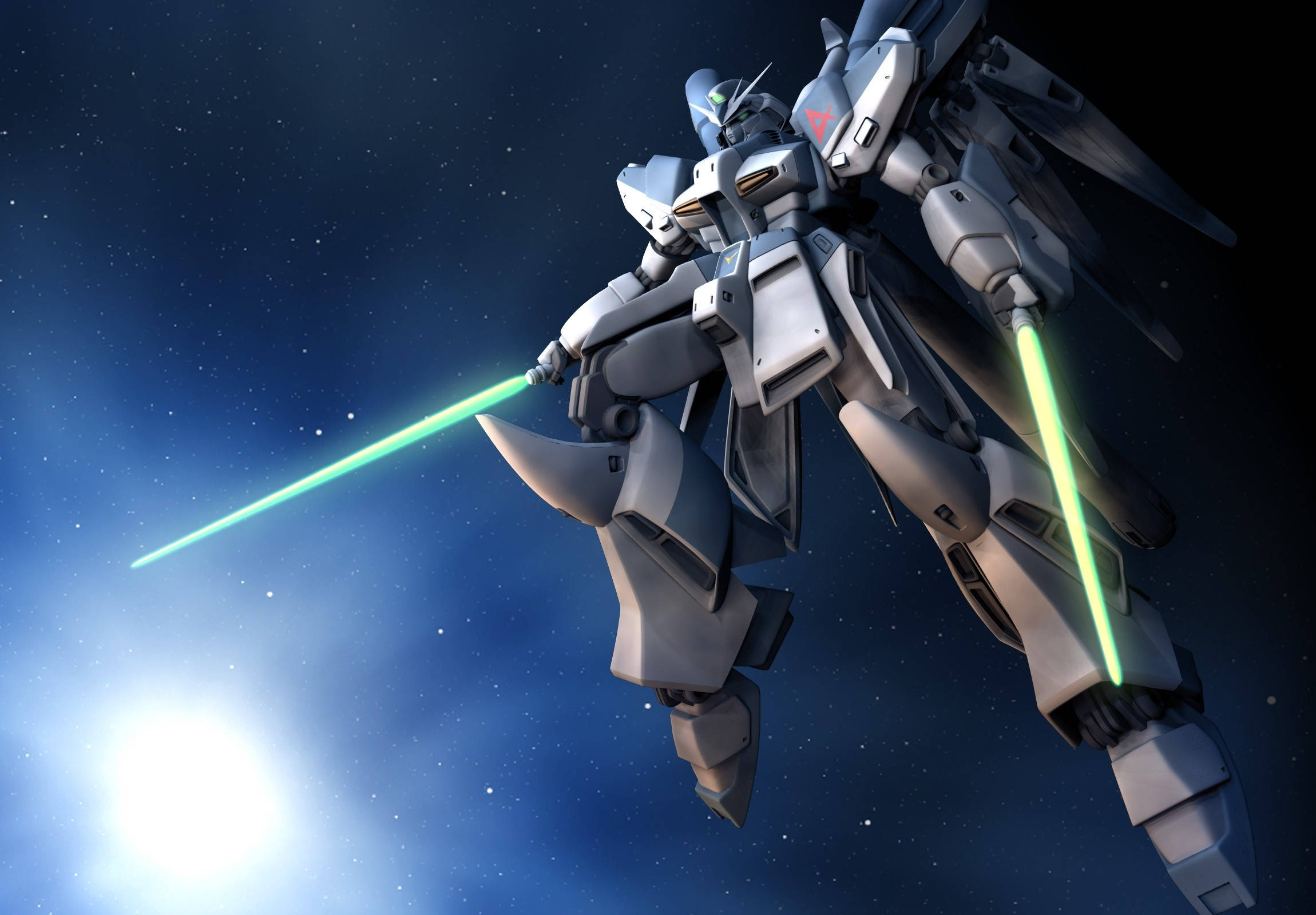 Pambano Kali la Gundam Nyeupe na Kijani Picha ya Ukuta