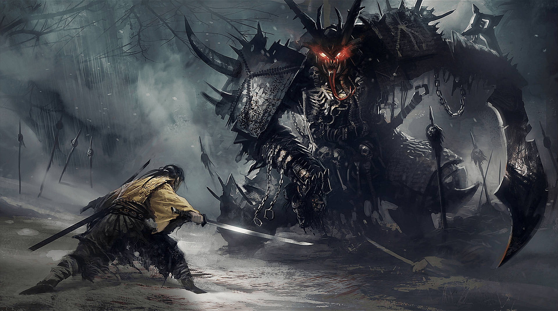 Pambano la Samurai wa Kijapani na Monster Picha ya Ukuta