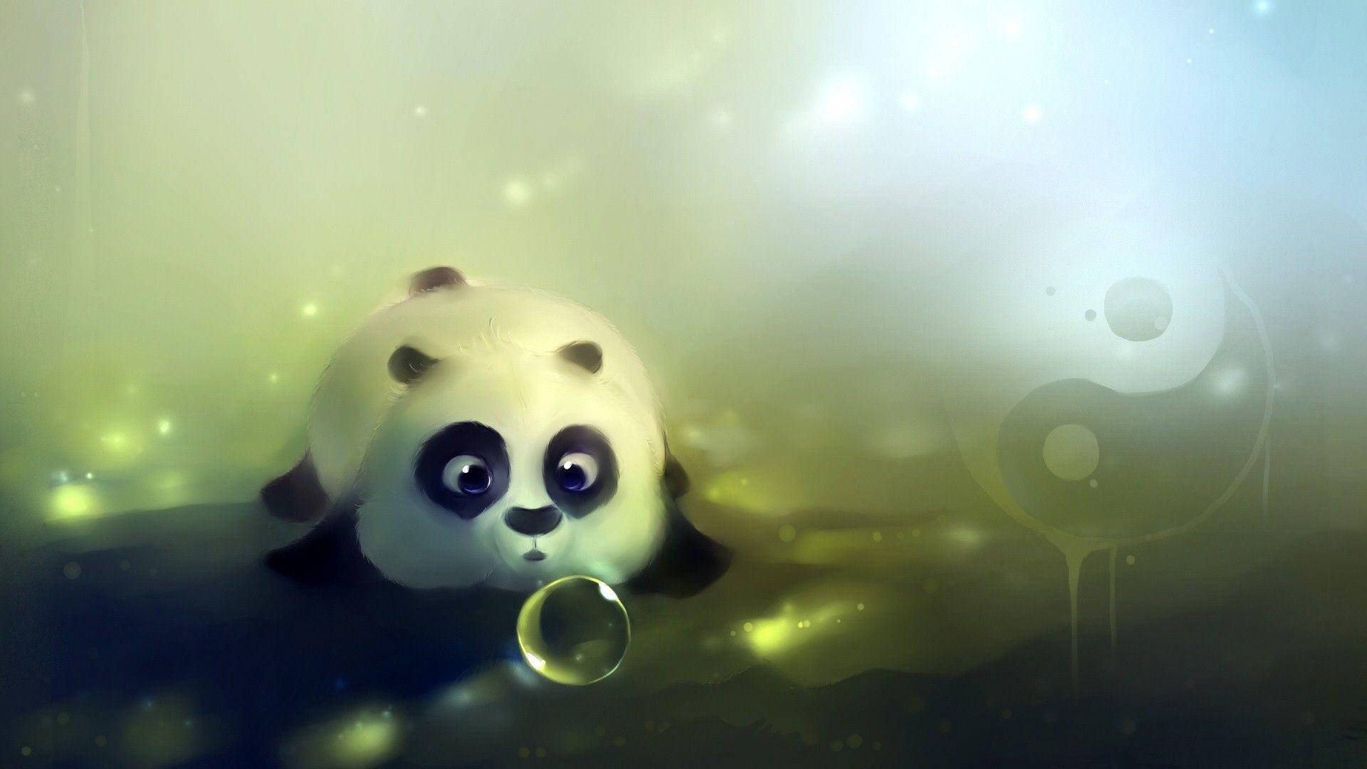 Panda Mtoto Akipuliza Mapovu ya Kuvutia kwa Kompyuta Picha ya Ukuta