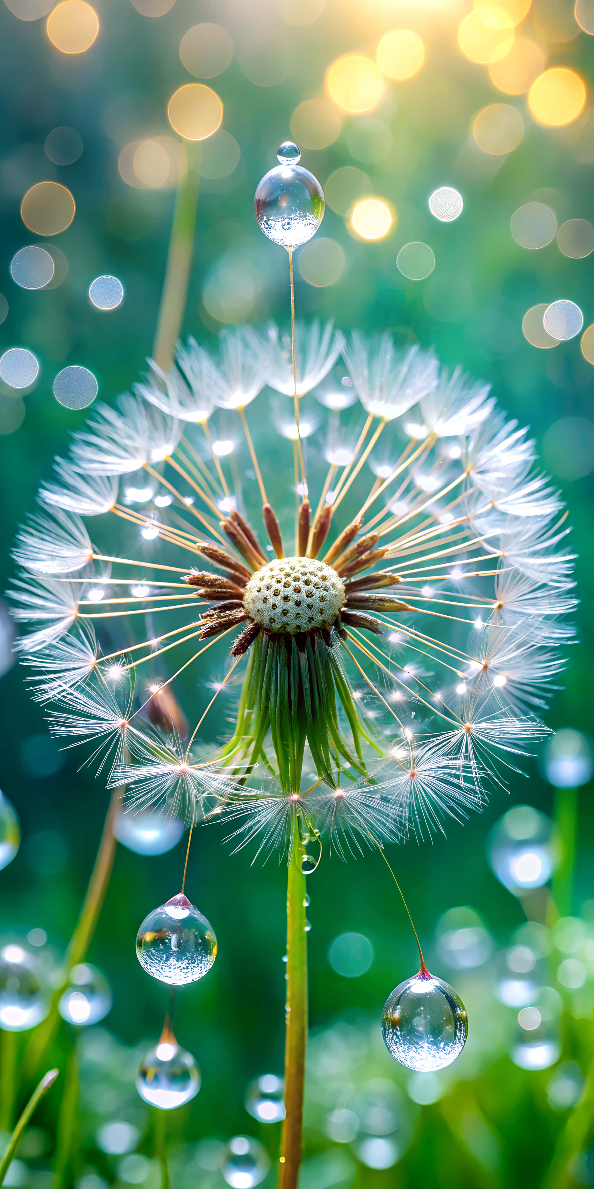 Parachute ya Msimu wa Dandelion kama Kituo cha Uchunguzi chenye Aphids na Lensi za Dewdrop Picha ya Ukuta