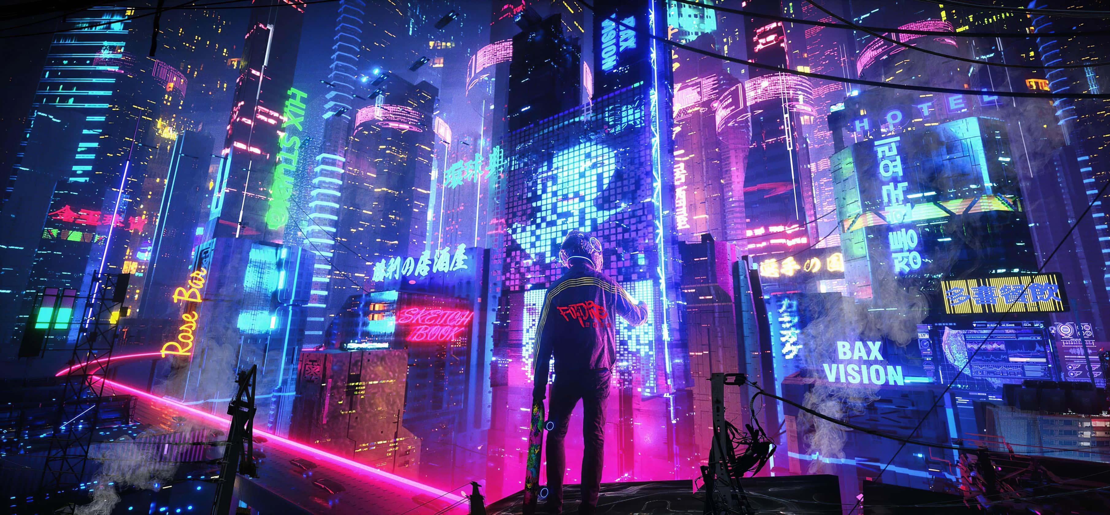 Pata uzoefu wa taa angavu za Neon City Picha ya Ukuta