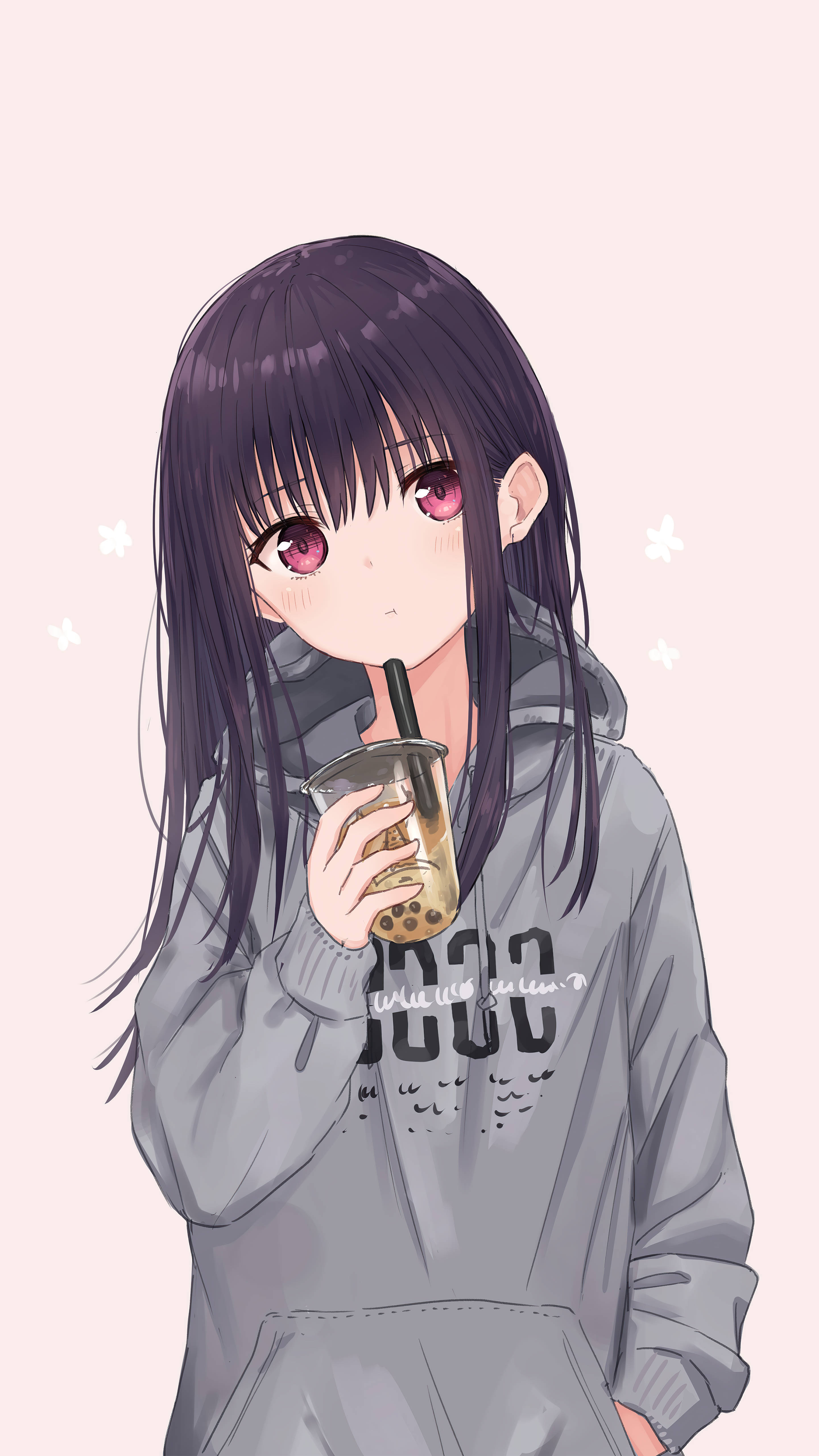 PFP Mrembo wa Anime Kazumi Akiwa na Chai ya Maziwa Picha ya Ukuta
