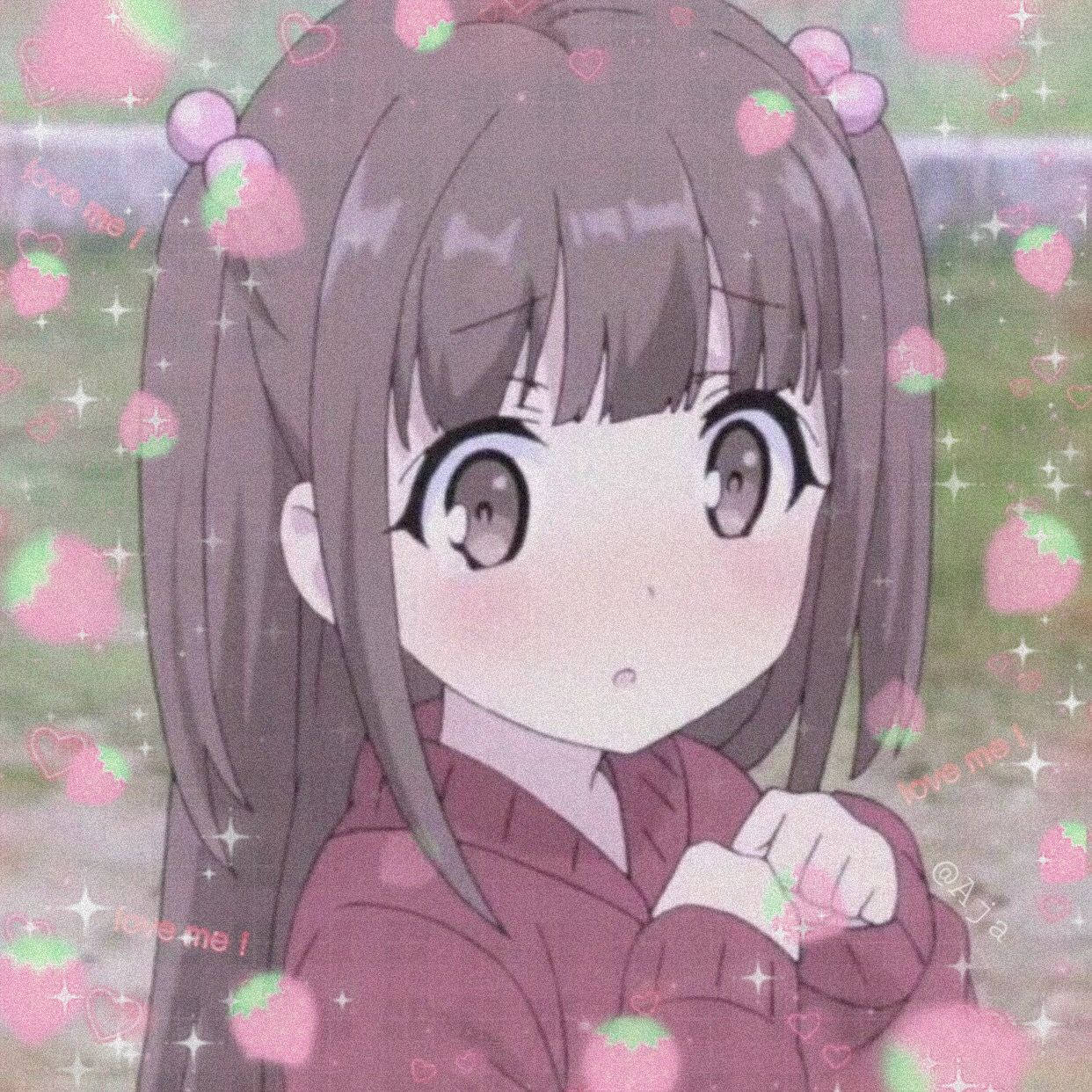 PFP Mrembo wa Anime Onnanoko na Stroberi na Mioyo Picha ya Ukuta