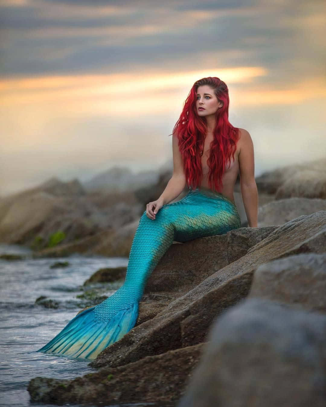 Picha Halisi ya Mermaid Juu ya Mwamba Picha ya Ukuta