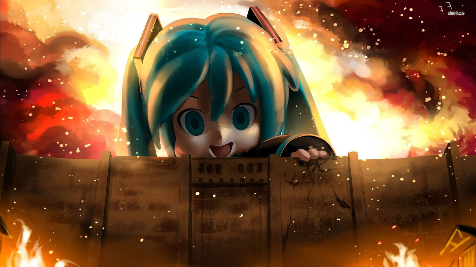 Picha Miku Hatsune akikutana na Eren Yeager katika Attack on Titan Picha ya Ukuta