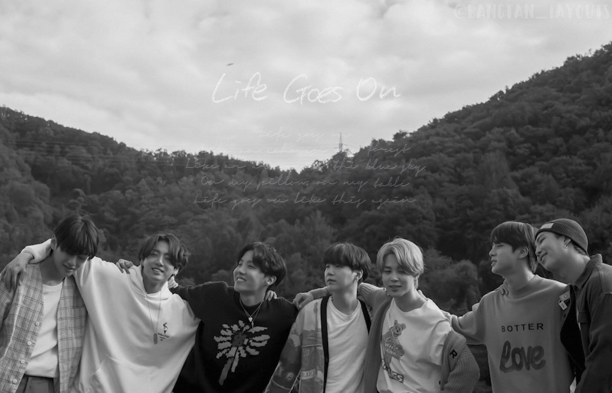 Picha Nyeupe na Nyeusi ya BTS Life Goes On Picha ya Ukuta