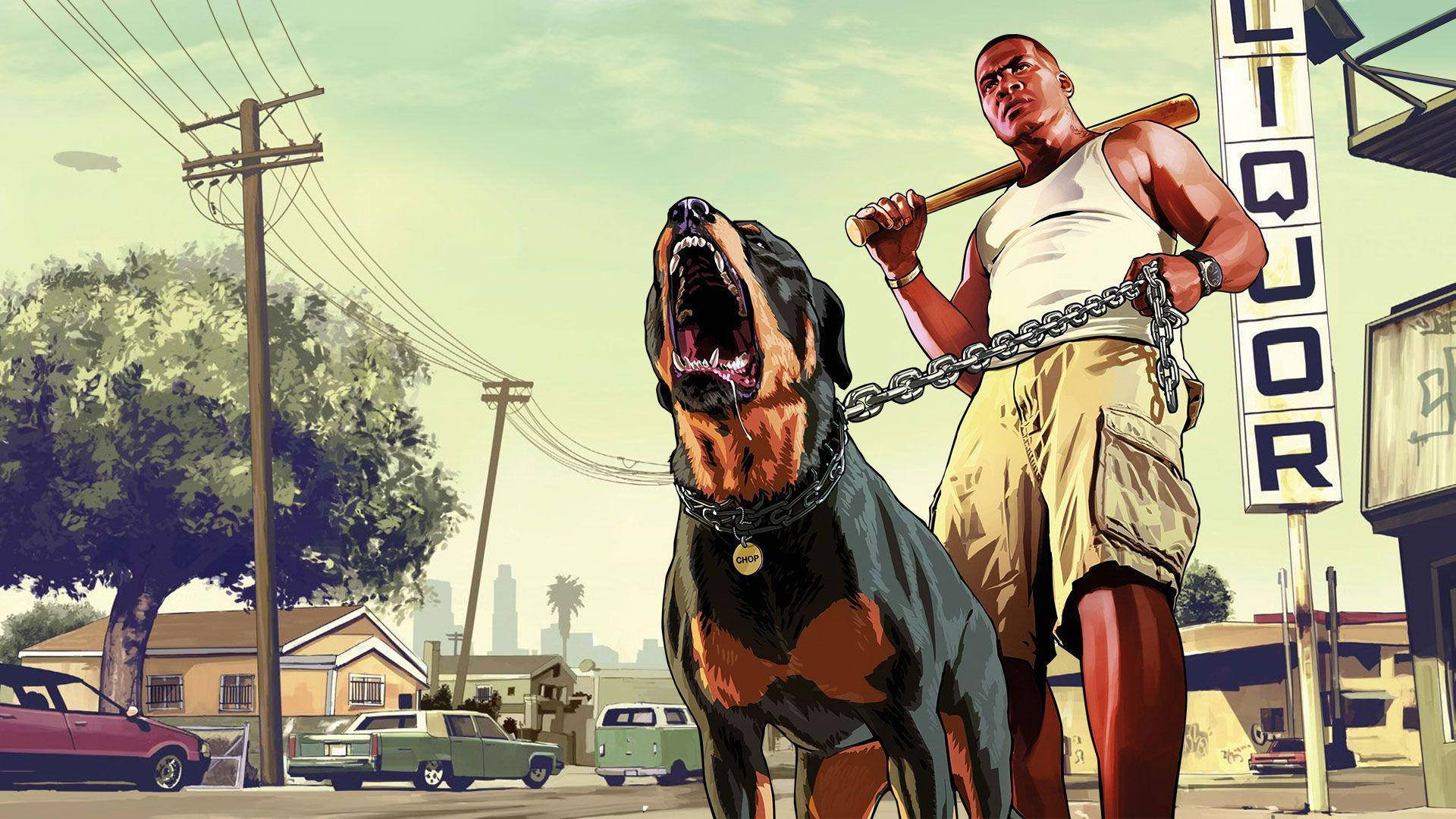 Picha ya 4K ya GTA SA Carl Johnson na Mbwa Wake Picha ya Ukuta