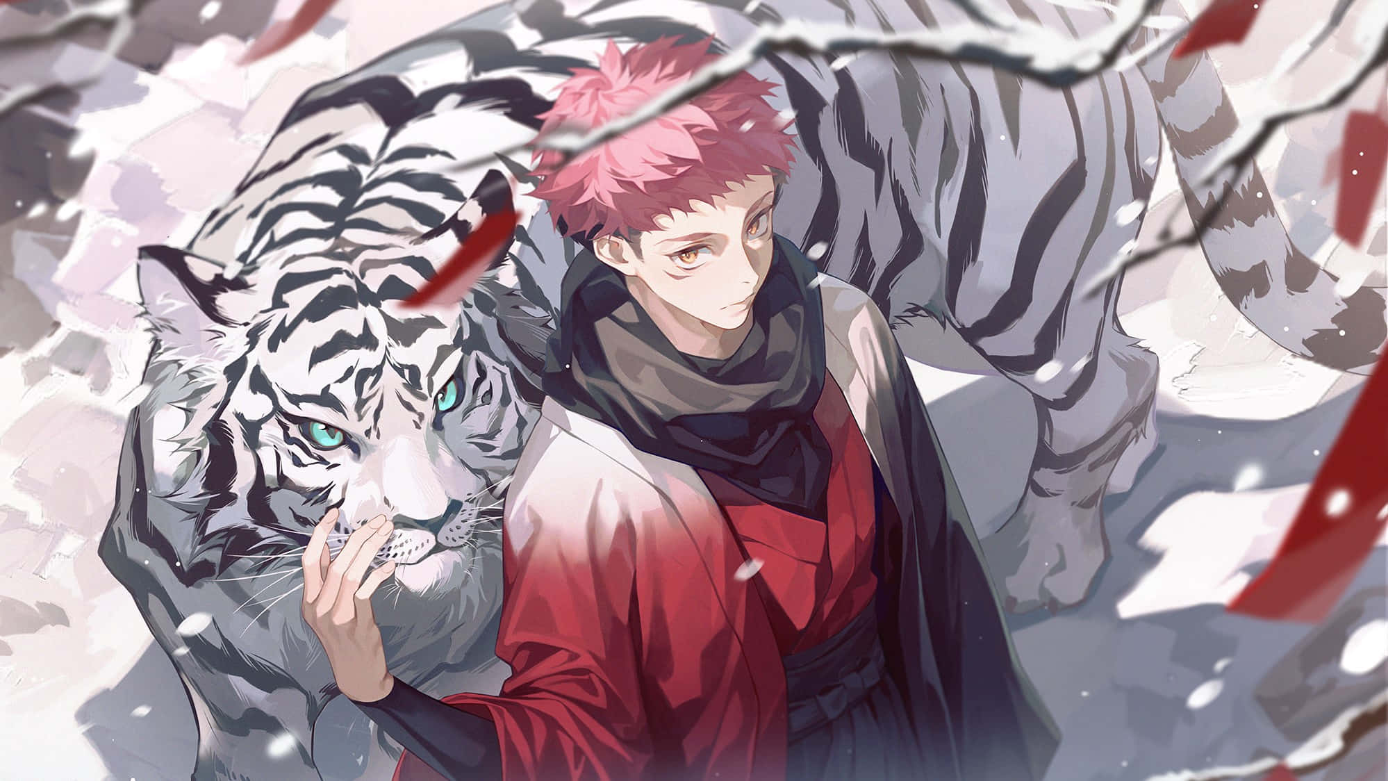 Picha ya Anime Aesthetic ya Yuji na Tiger Mweupe Picha ya Ukuta