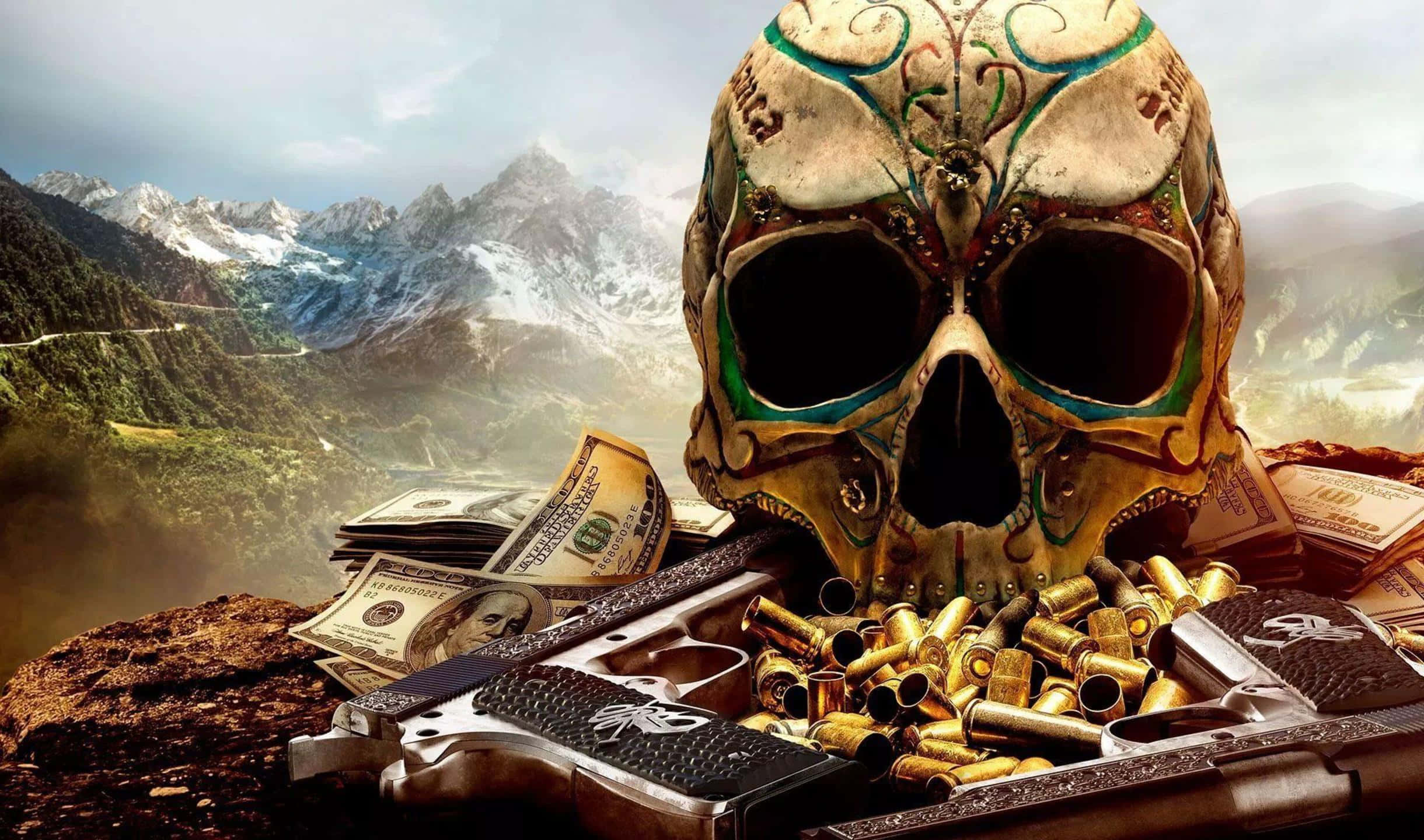 Picha ya Asili ya Ghost Recon Wildlands ya 2440x1440 yenye Fuvu na Risasi Picha ya Ukuta