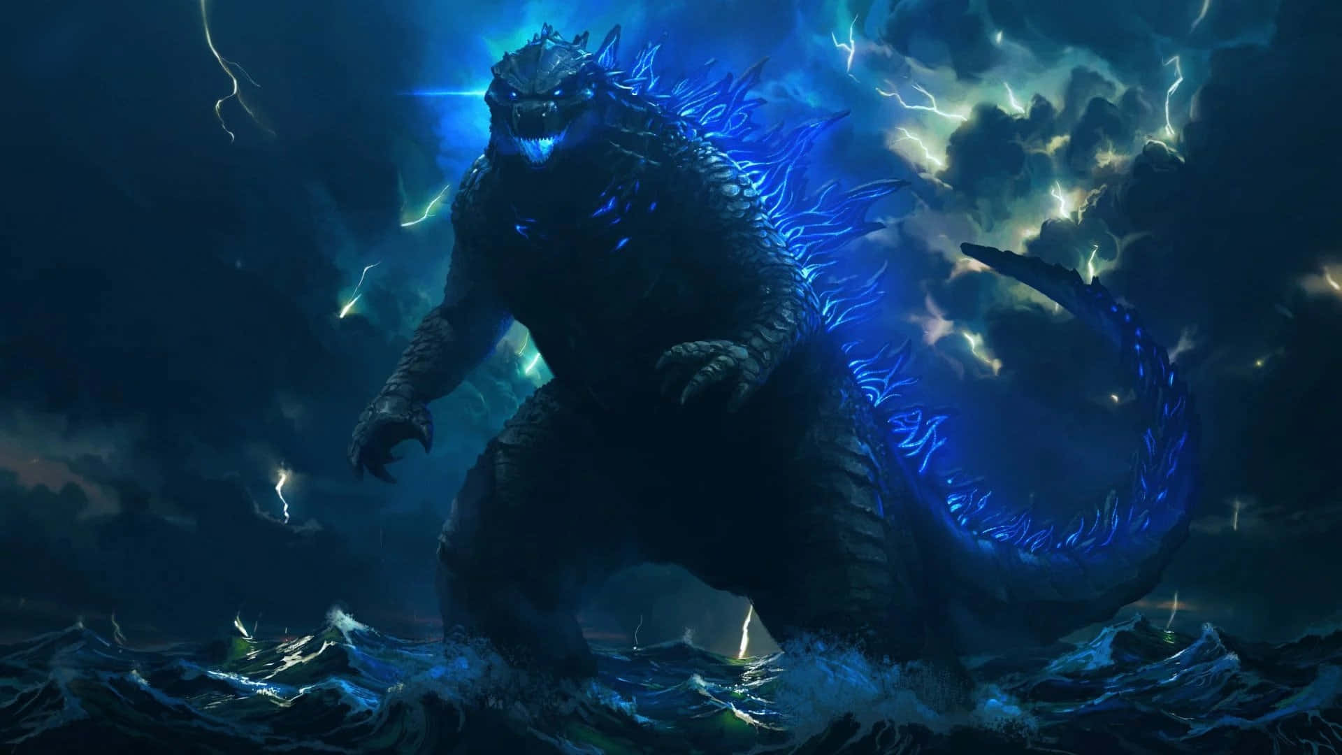 Picha ya Godzilla yenye Mwanga wa Buluu wa Neon Juu ya Bahari Picha ya Ukuta