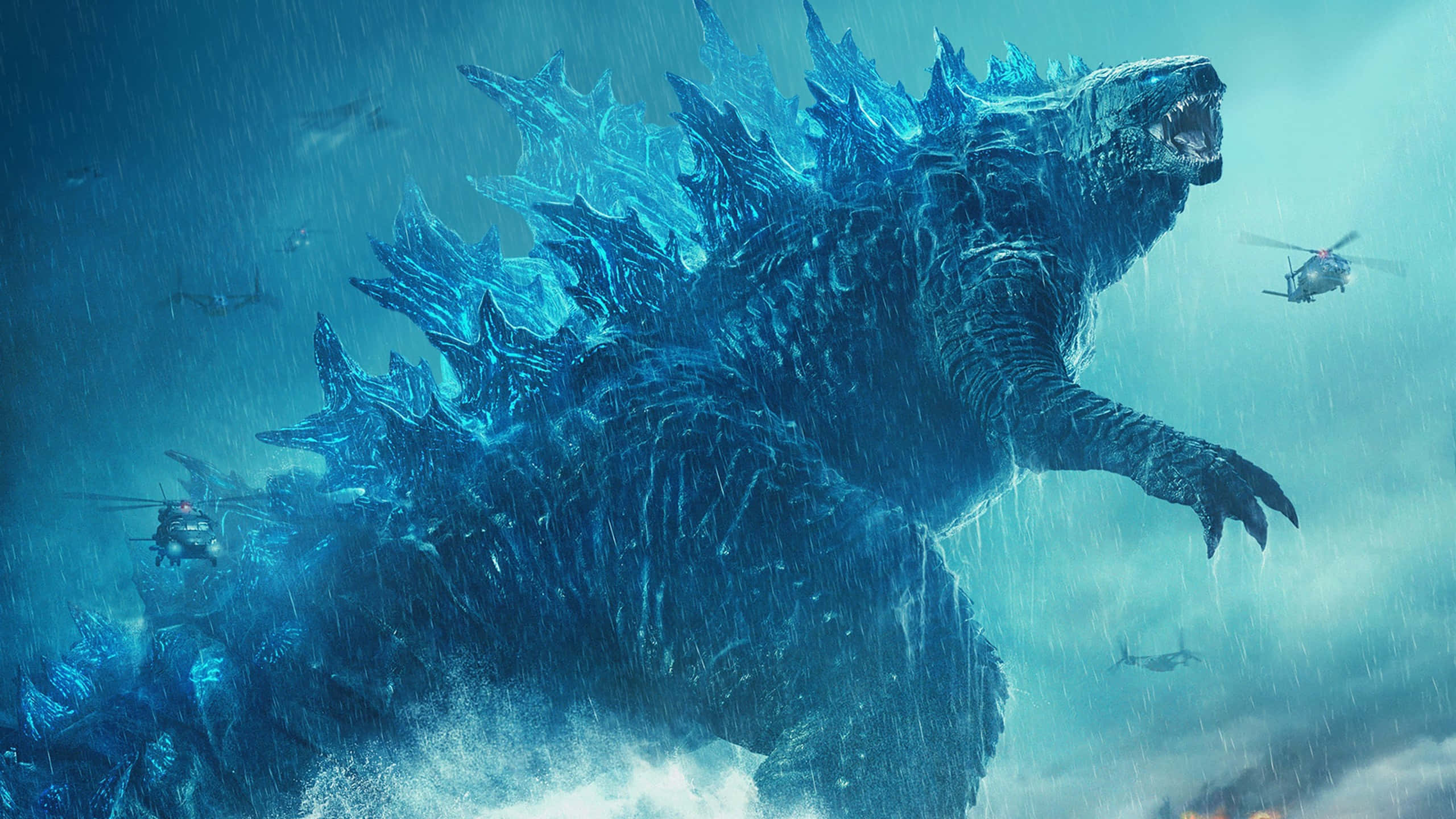 Picha ya Godzilla yenye Taa za Neoni za Bluu na Helikopta Picha ya Ukuta