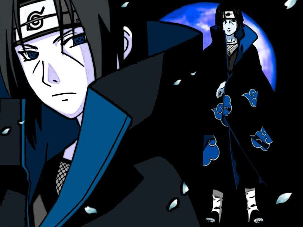 Picha ya Karibu na Kusimama ya Itachi Aesthetic yenye Macho ya Sharingan ya Bluu na Vazi la Wingu la Akatsuki Picha ya Ukuta
