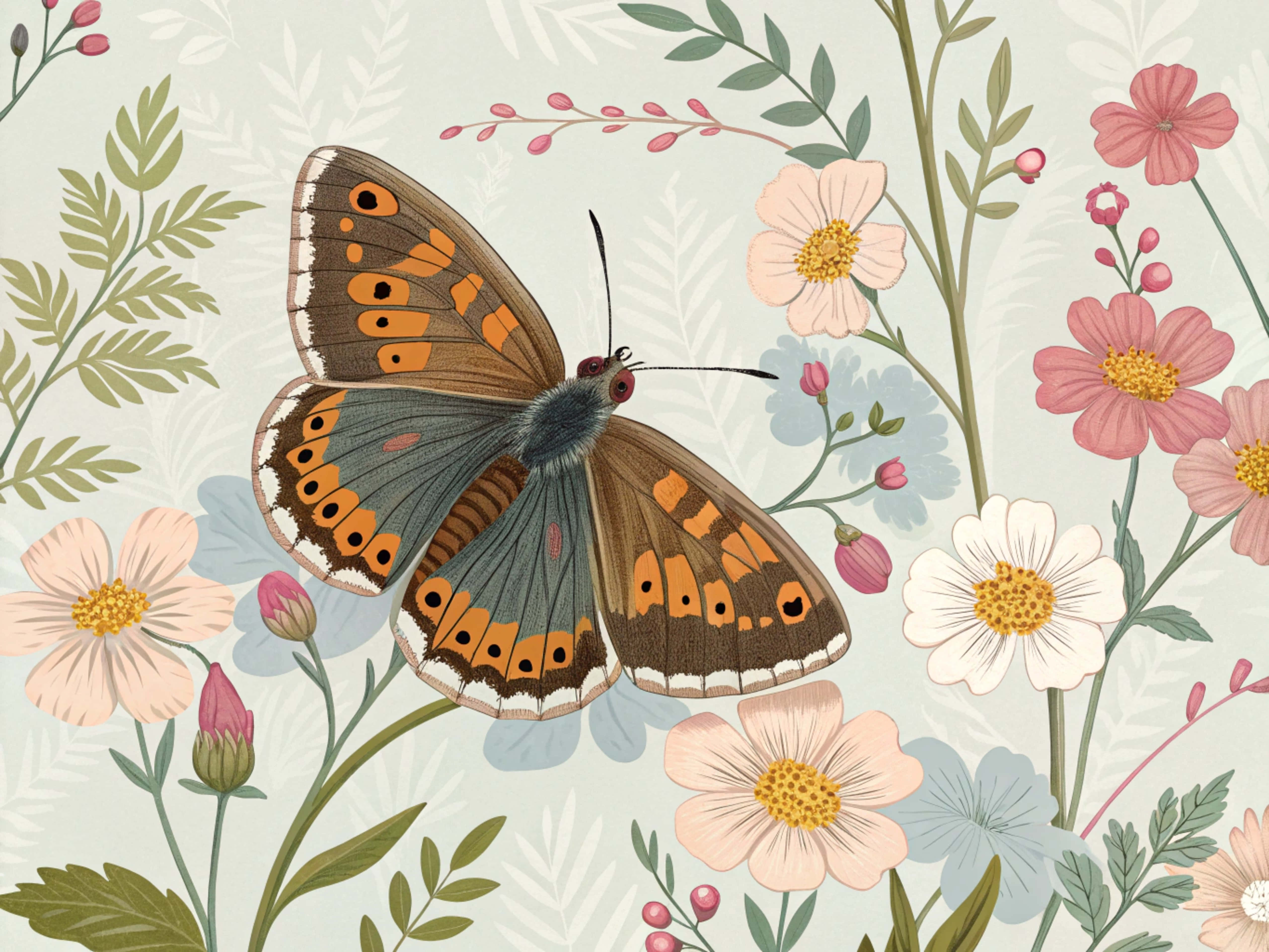 Picha ya Karibu ya Kipepeo wa Brown Argus Akiruka Picha ya Ukuta