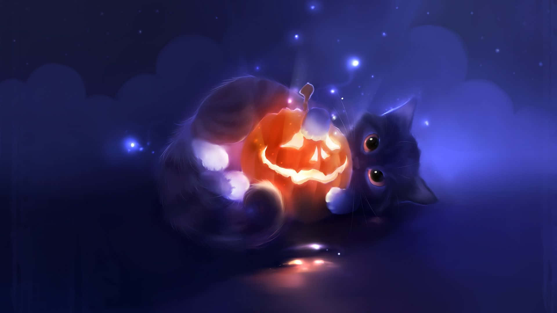 Picha ya Kituu Mweusi Cha Halloween Inayobembelea Pumpkini Picha ya Ukuta