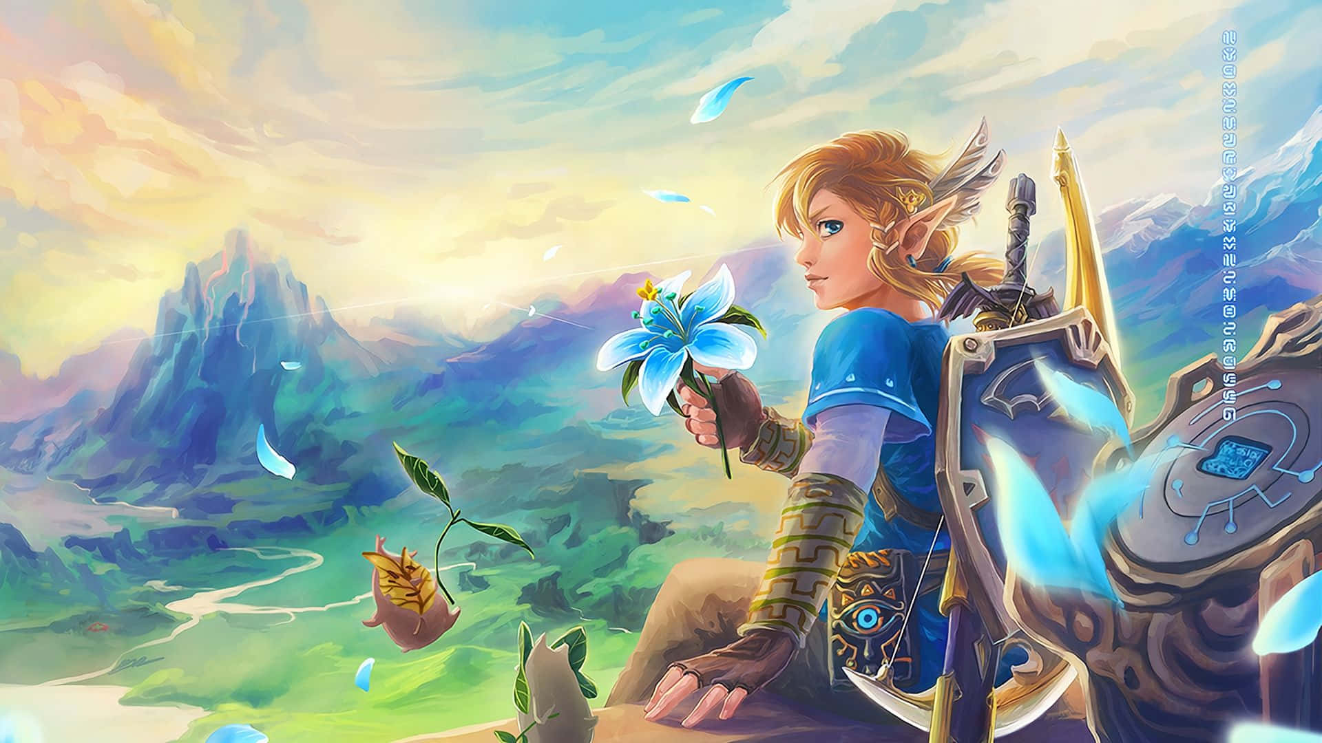Picha ya Kuchora Shabiki ya Zelda Botw Link na Maua Picha ya Ukuta