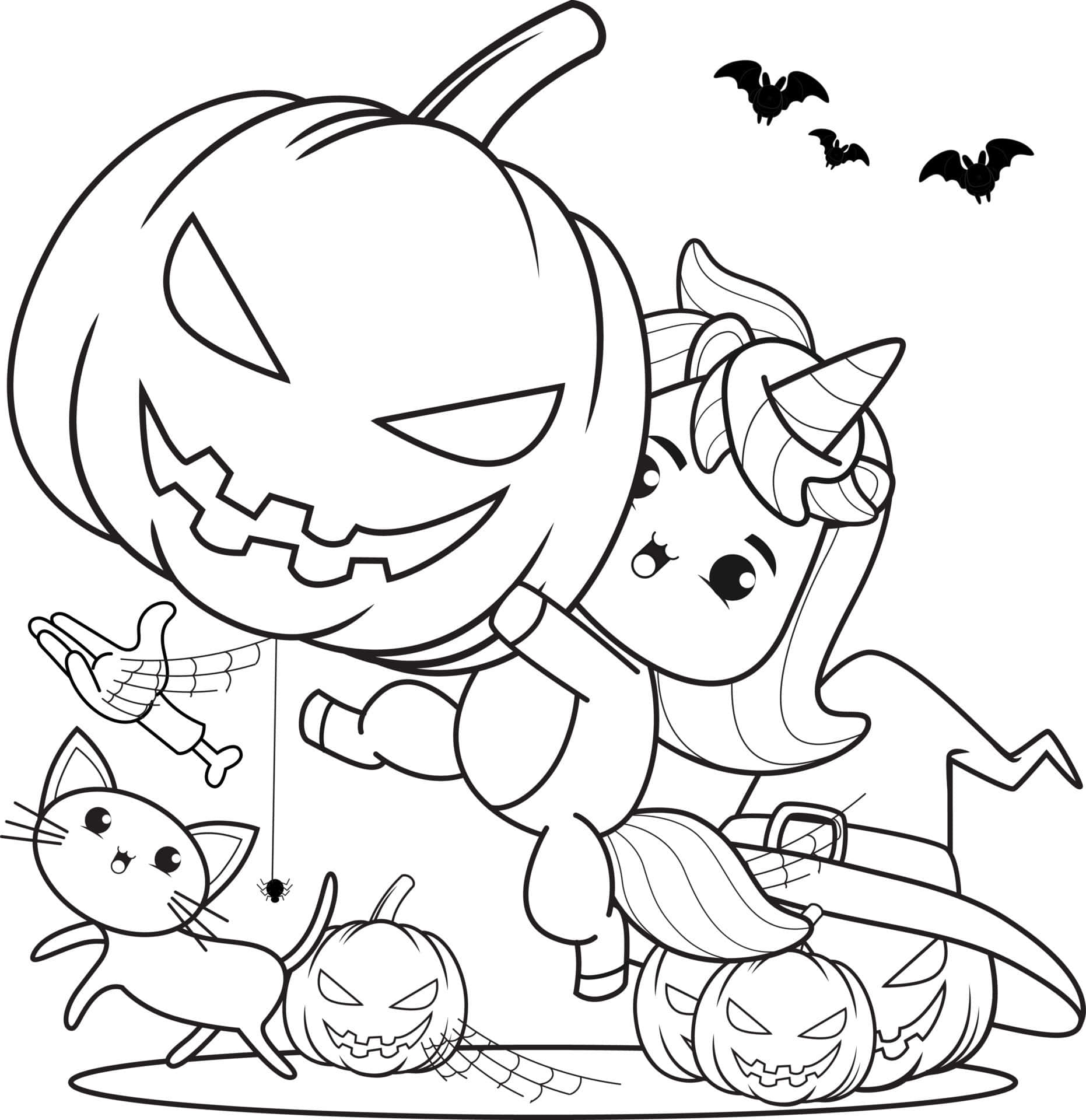 Picha ya Kupaka Rangi ya Msichana wa Unicorn kwa Halloween Picha ya Ukuta